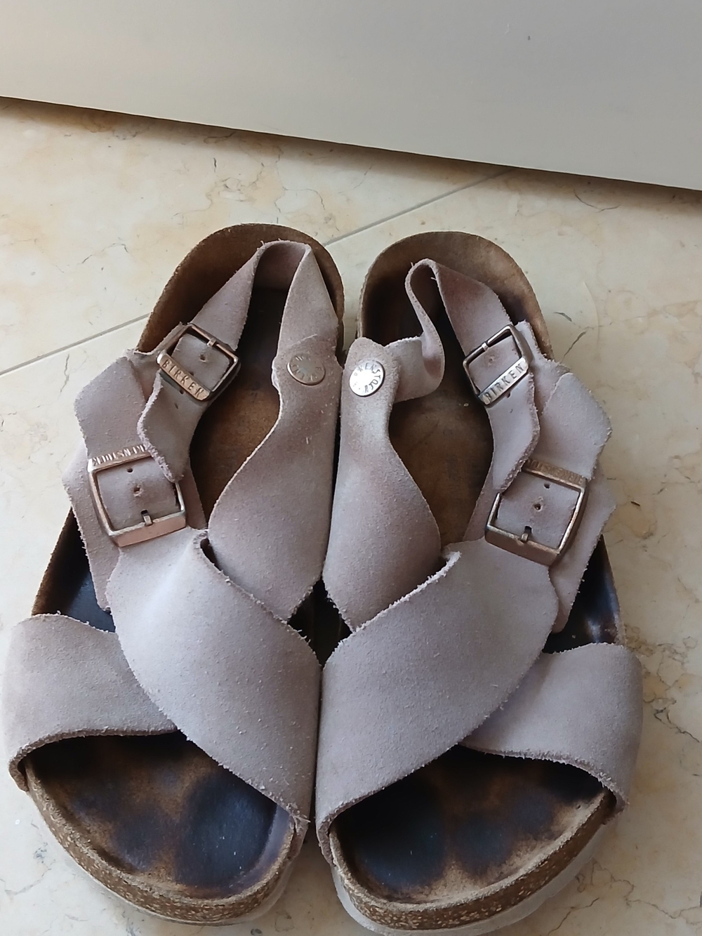 Birkenstock Taupe Suede Crisscross Buckle Sandals